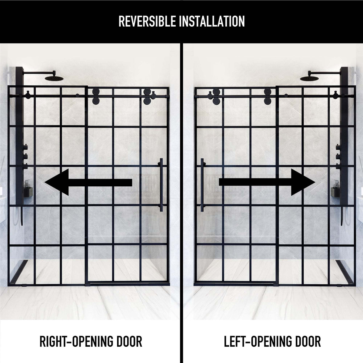 Modern contemporary sliding shower door with clear grid glass and matte black hardware