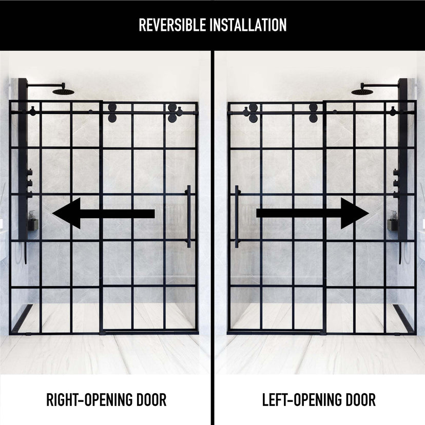 Modern contemporary sliding shower door with clear grid glass and matte black hardware