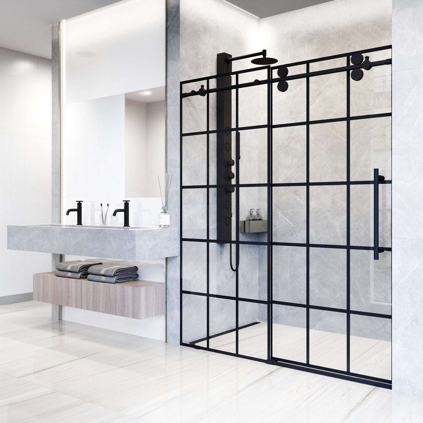 Clear grid tempered glass sliding shower door with matte black finish and roller disk tech