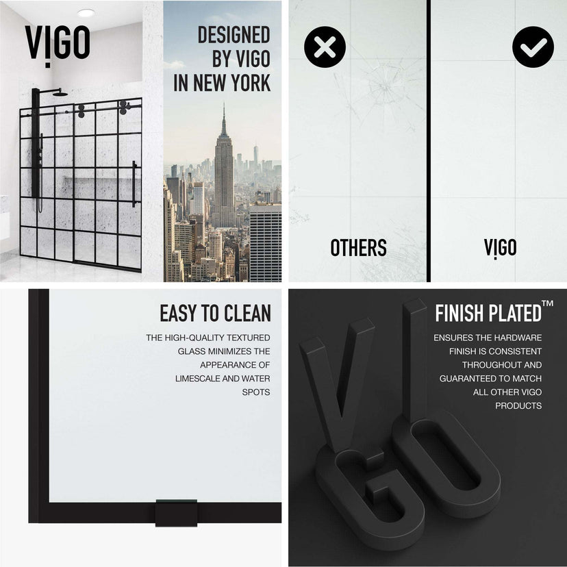 Frameless shower door with matte black finish, clear grid glass, and 74 in. height