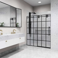 Sliding shower door with matte black hardware, clear grid glass, and reversible door installation