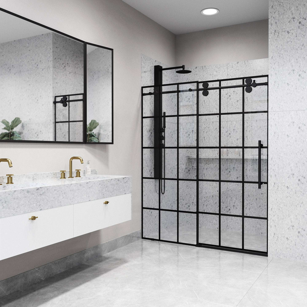 Sliding shower door with matte black hardware, clear grid glass, and reversible door installation