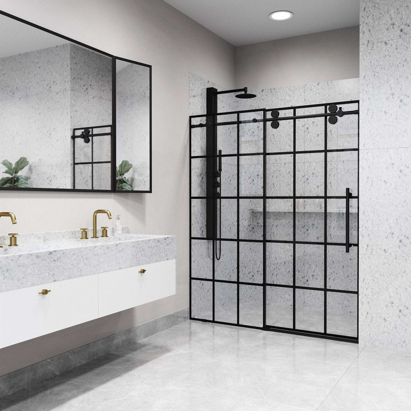 Sliding shower door with matte black hardware, clear grid glass, and reversible door installation