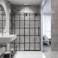 Matte black finish frameless shower door with clear grid glass and 68-72 in. width adjustment