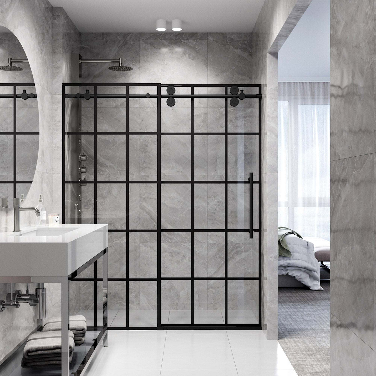 Matte black finish frameless shower door with clear grid glass and 68-72 in. width adjustment