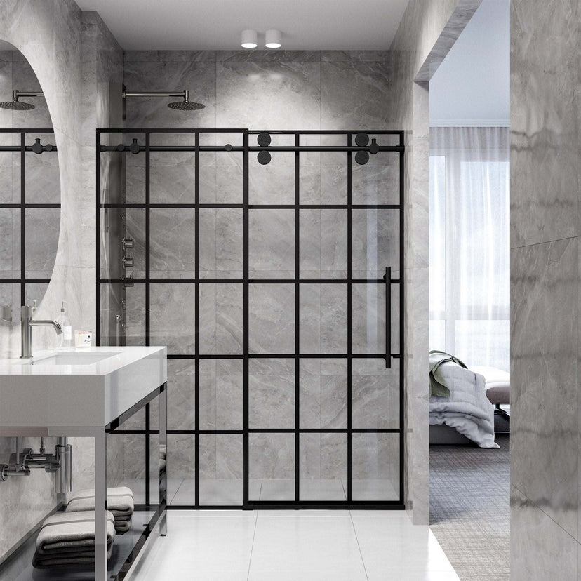 Matte black finish frameless shower door with clear grid glass and 68-72 in. width adjustment