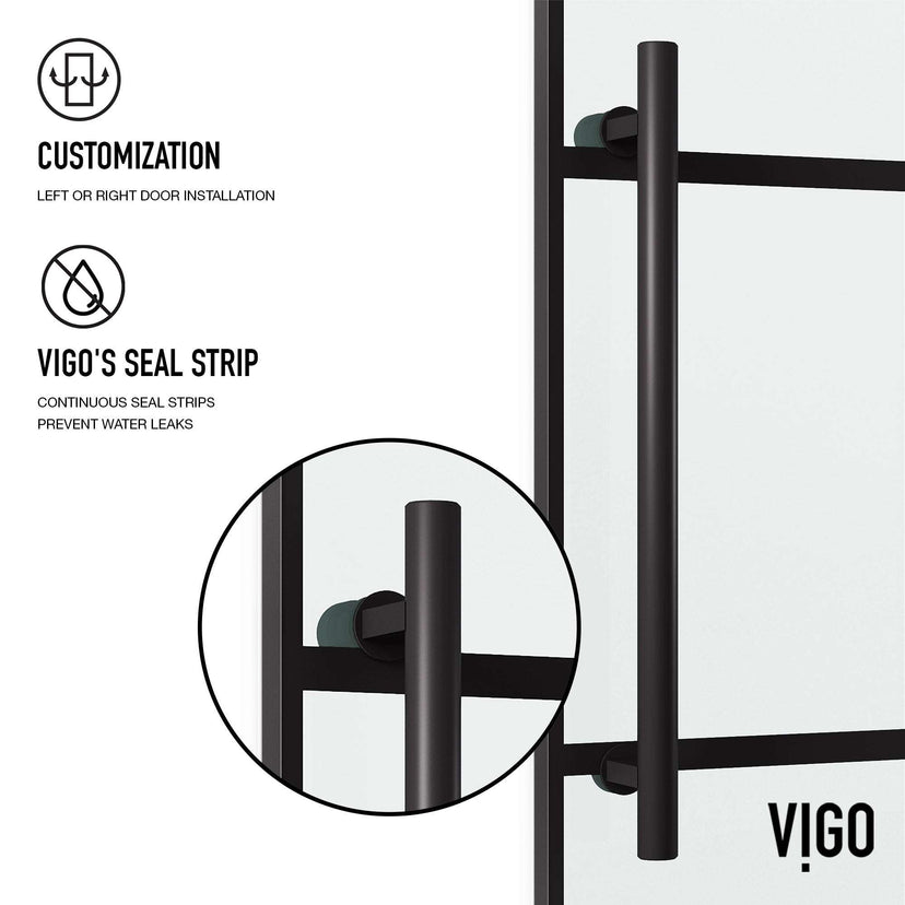 Modern sliding shower door with matte black bar handle and clear grid tempered glass