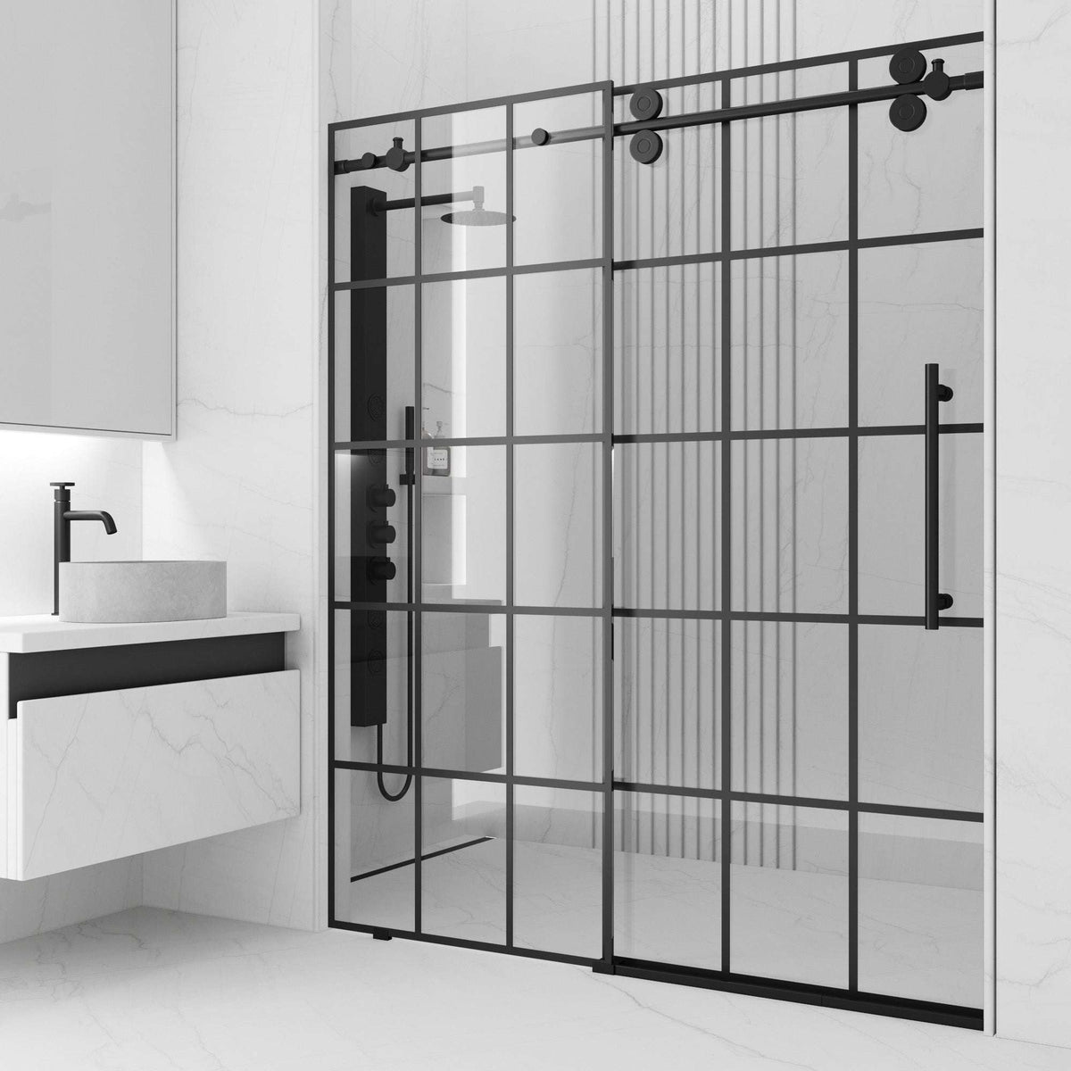 Matte black frameless sliding shower door with clear grid glass, 68 to 72 in. width