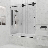 Frameless matte black shower door with laminated glass and stainless steel components