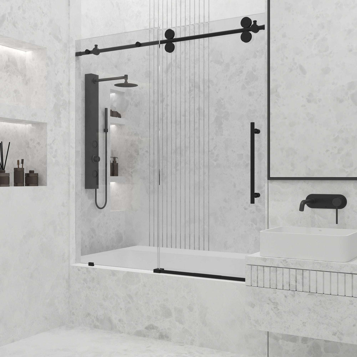Frameless matte black shower door with laminated glass and stainless steel components