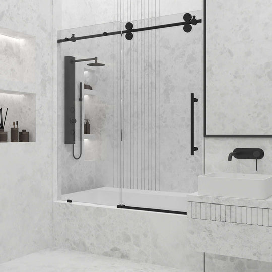 Frameless matte black shower door with laminated glass and stainless steel components