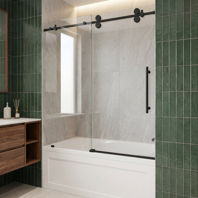 Elan 56-60 in. W x 66 in. H Frameless Sliding Tub Door in Matte Black with 3/8 in. (10mm) ProtecGlass and Meridian 4-Piece Bath Hardware Set