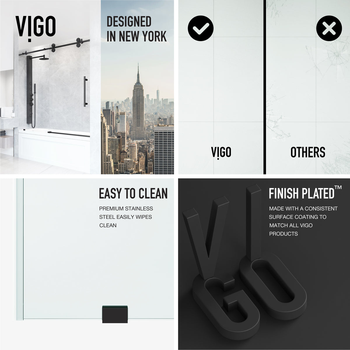 Elan 56-60 in. W x 66 in. H Frameless Sliding Tub Door in Matte Black with 3/8 in. (10mm) ProtecGlass and Meridian 4-Piece Bath Hardware Set
