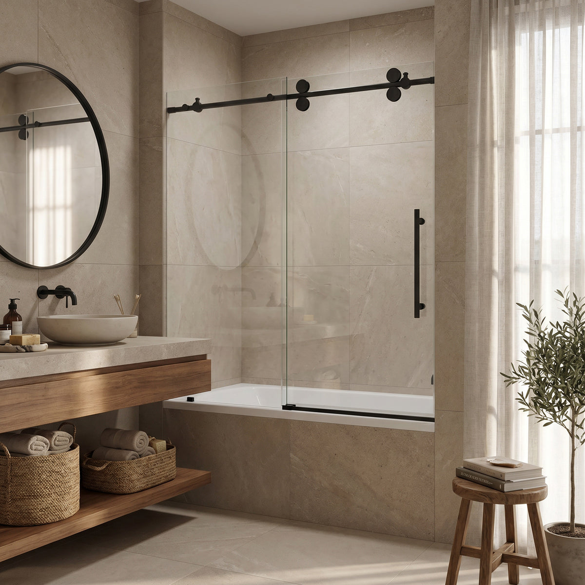 Elan 56-60 in. W x 66 in. H Frameless Sliding Tub Door in Matte Black with 3/8 in. (10mm) ProtecGlass and Cass 3-Piece Bath Hardware Set