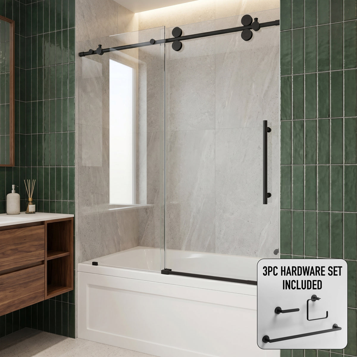 Elan 56-60 in. W x 66 in. H Frameless Sliding Tub Door in Matte Black with 3/8 in. (10mm) ProtecGlass and Arden 3-Piece Bath Hardware Set