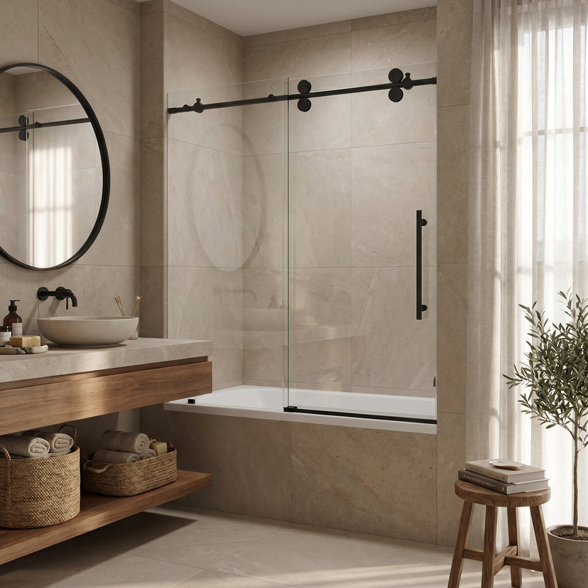 Elan 56-60 in. W x 66 in. H Frameless Sliding Tub Door in Matte Black with 3/8 in. (10mm) ProtecGlass and Arden 3-Piece Bath Hardware Set
