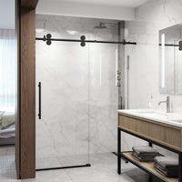 Modern frameless shower door with matte black hardware and laminated tempered glass