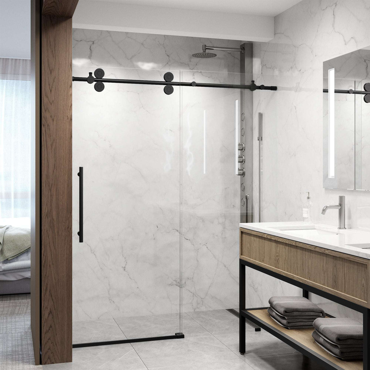 Modern frameless shower door with matte black hardware and laminated tempered glass