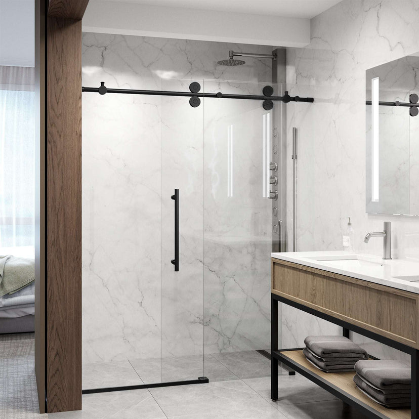 Adjustable 56-60 in. sliding shower door with laminated glass and matte black finish
