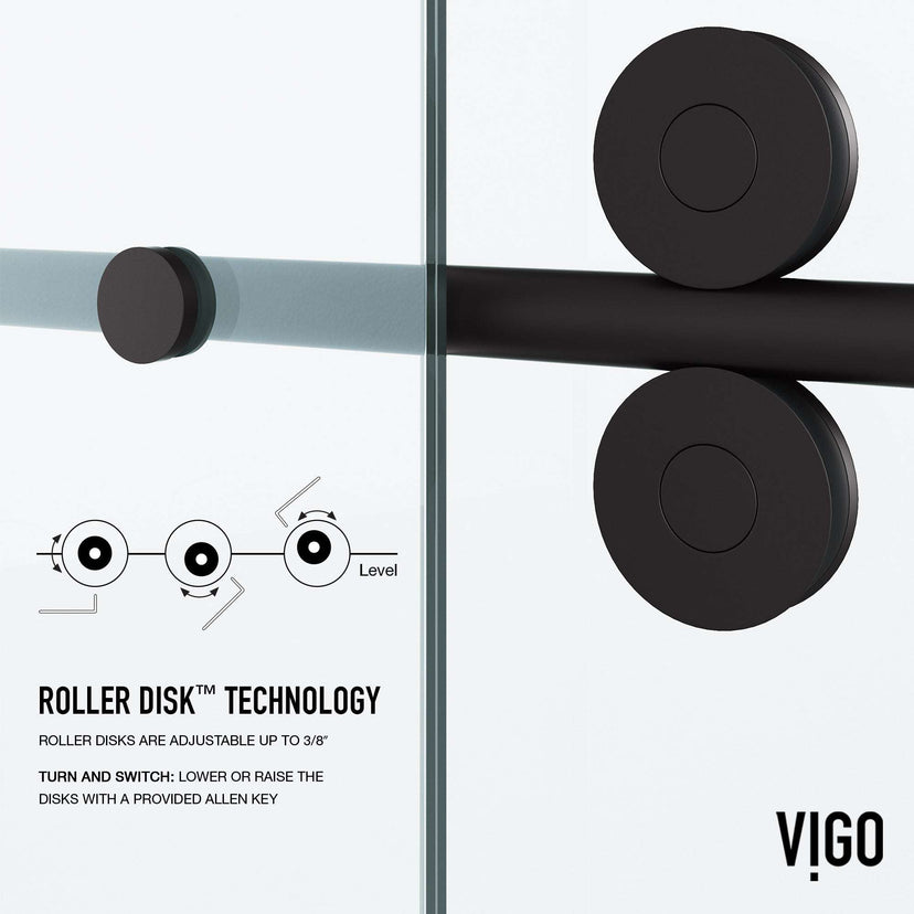 Sliding shower door with exposed rollers and matte black hardware, 56-60 in. adjustable