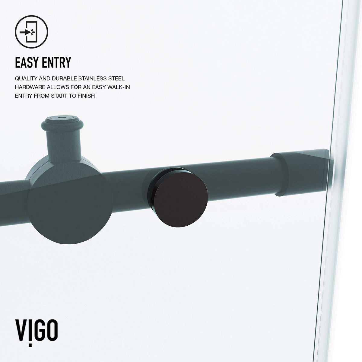 Reversible installation frameless shower door with matte black bar handle