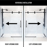 Matte black frameless shower door with laminated glass, 56 to 60 in. width, and exposed rollers