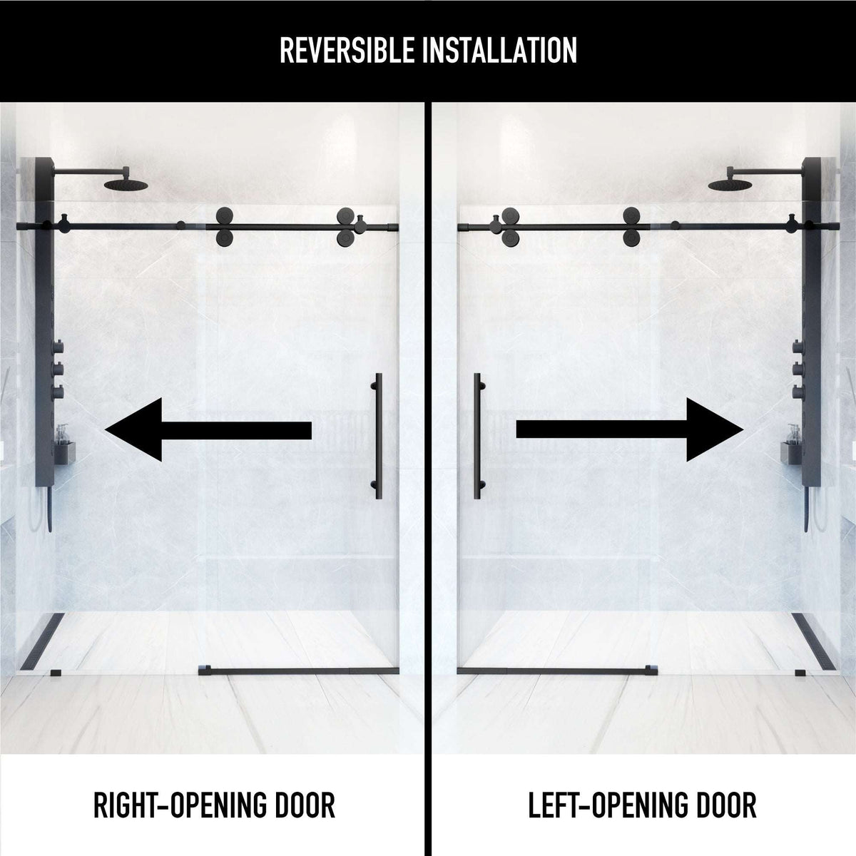 Matte black frameless shower door with laminated glass, 56 to 60 in. width, and exposed rollers