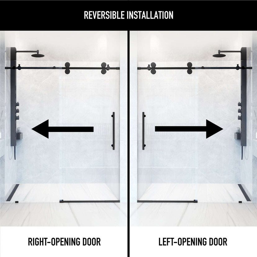 Matte black frameless shower door with laminated glass, 56 to 60 in. width, and exposed rollers