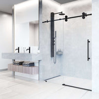 Frameless shower door with matte black finish, laminated glass, and 74 in. height