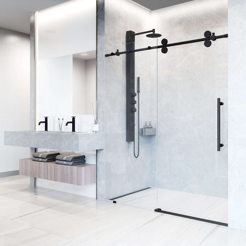 Frameless shower door with matte black finish, laminated glass, and 74 in. height