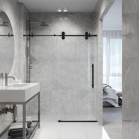 Matte black finish frameless shower door with laminated glass and 56-60 in. width adjustment