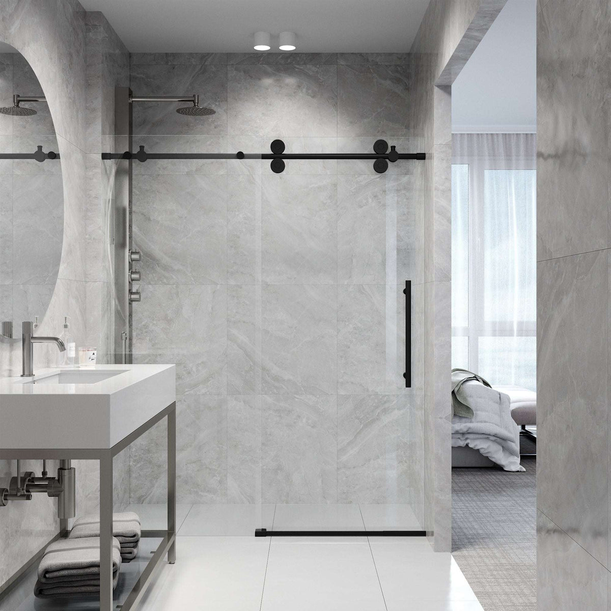Matte black finish frameless shower door with laminated glass and 56-60 in. width adjustment