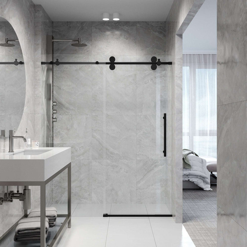 Matte black finish frameless shower door with laminated glass and 56-60 in. width adjustment