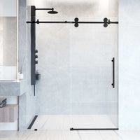 Frameless shower door with matte black finish, laminated glass, and 56-60 in. width