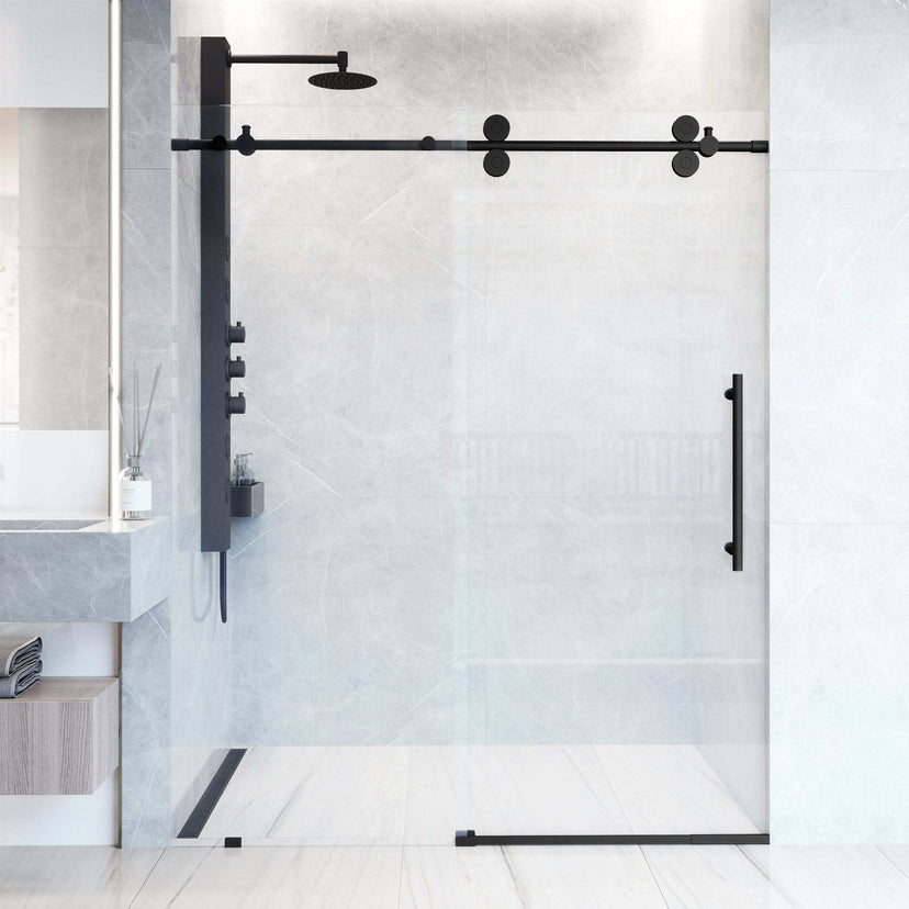 Frameless shower door with matte black finish, laminated glass, and 56-60 in. width