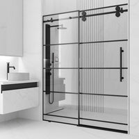 Matte black frameless sliding shower door with clear tempered glass, 52 to 56 in. width