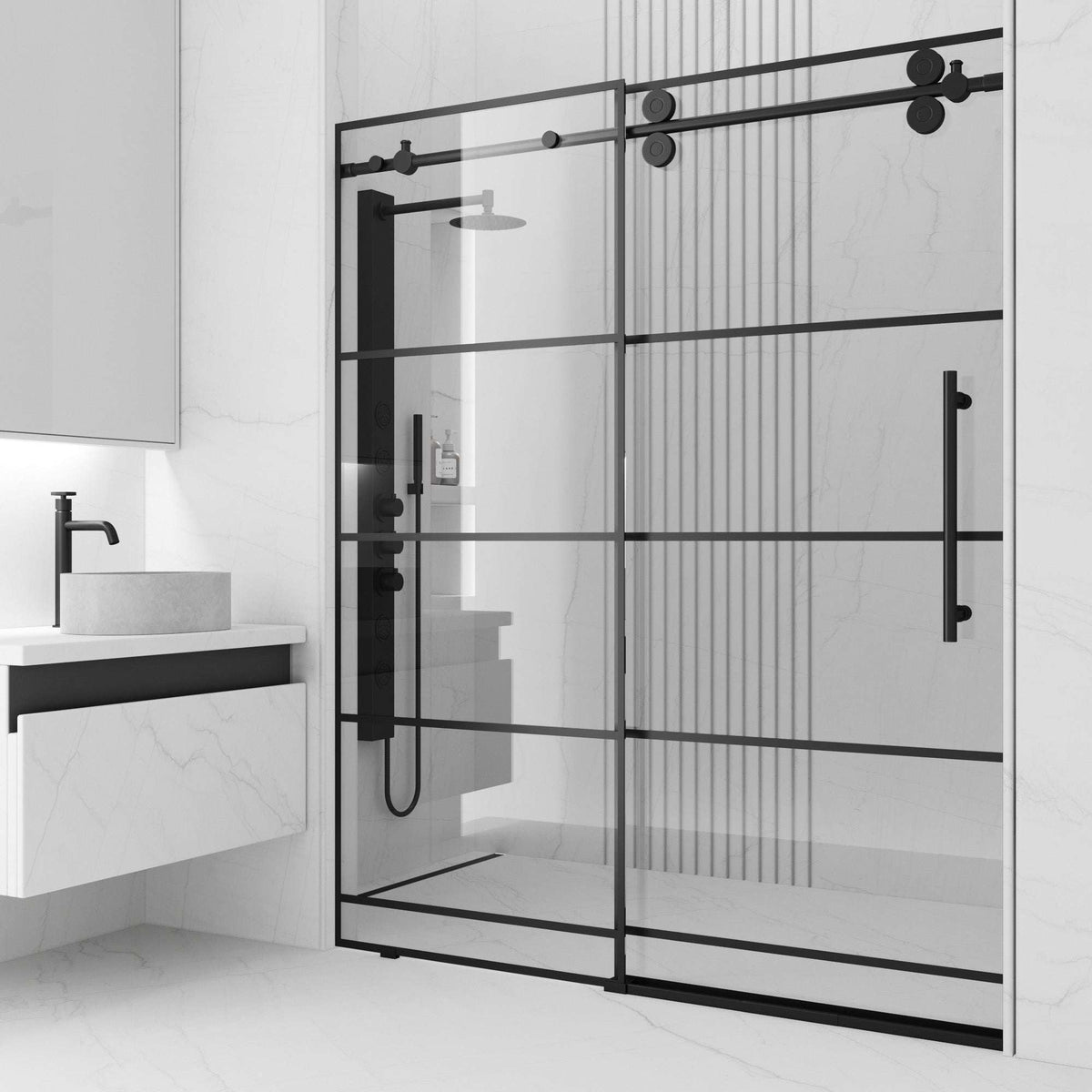 Matte black frameless sliding shower door with clear tempered glass, 52 to 56 in. width