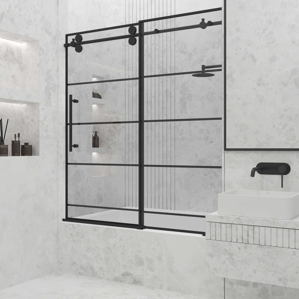 Matte black finish door with clear striped glass and included mounting hardware