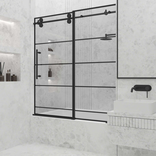 Matte black finish door with clear striped glass and included mounting hardware