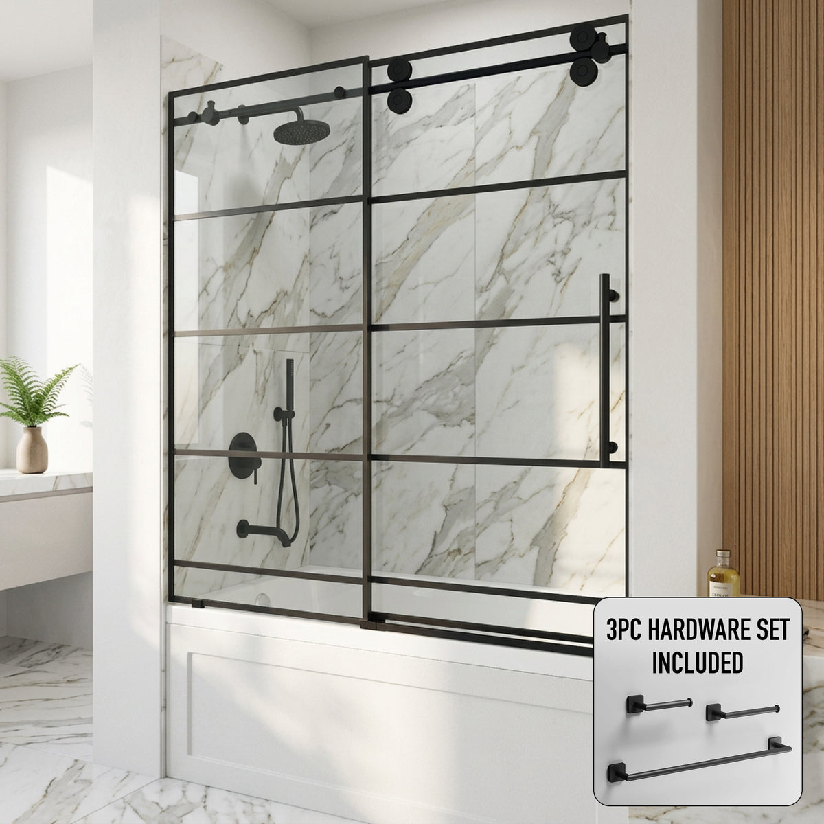 Elan 56-60 in. W x 66 in. H Frameless Sliding Tub Door in Matte Black with 3/8 in. (10mm) Clear Glass and Satro 3-Piece Bath Hardware Set
