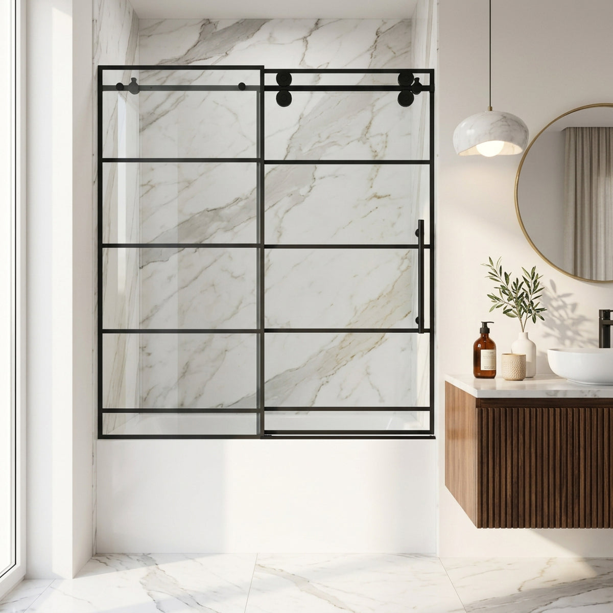 Elan 56-60 in. W x 66 in. H Frameless Sliding Tub Door in Matte Black with 3/8 in. (10mm) Clear Glass and Satro 3-Piece Bath Hardware Set