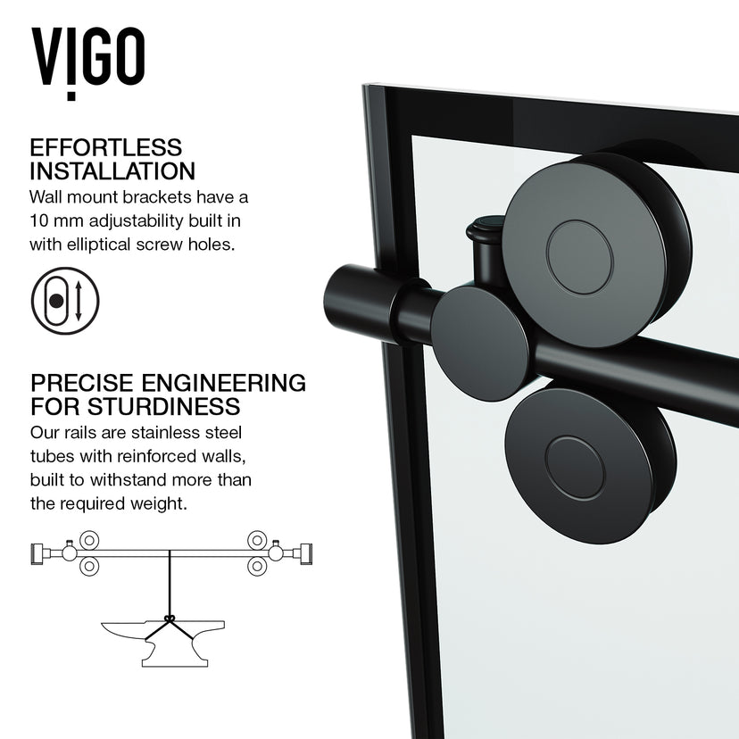 Elan 56-60 in. W x 66 in. H Frameless Sliding Tub Door in Matte Black with 3/8 in. (10mm) Clear Glass and Satro 3-Piece Bath Hardware Set