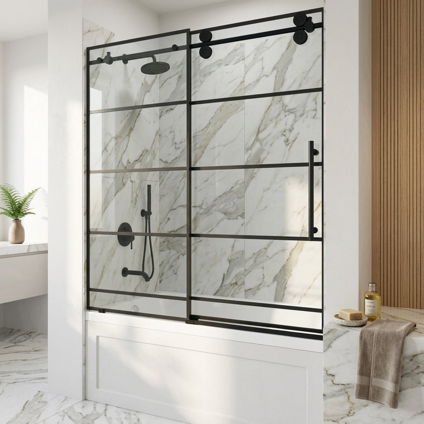 Elan 56-60 in. W x 66 in. H Frameless Sliding Tub Door in Matte Black with 3/8 in. (10mm) Clear Glass and Meridian 4-Piece Bath Hardware Set