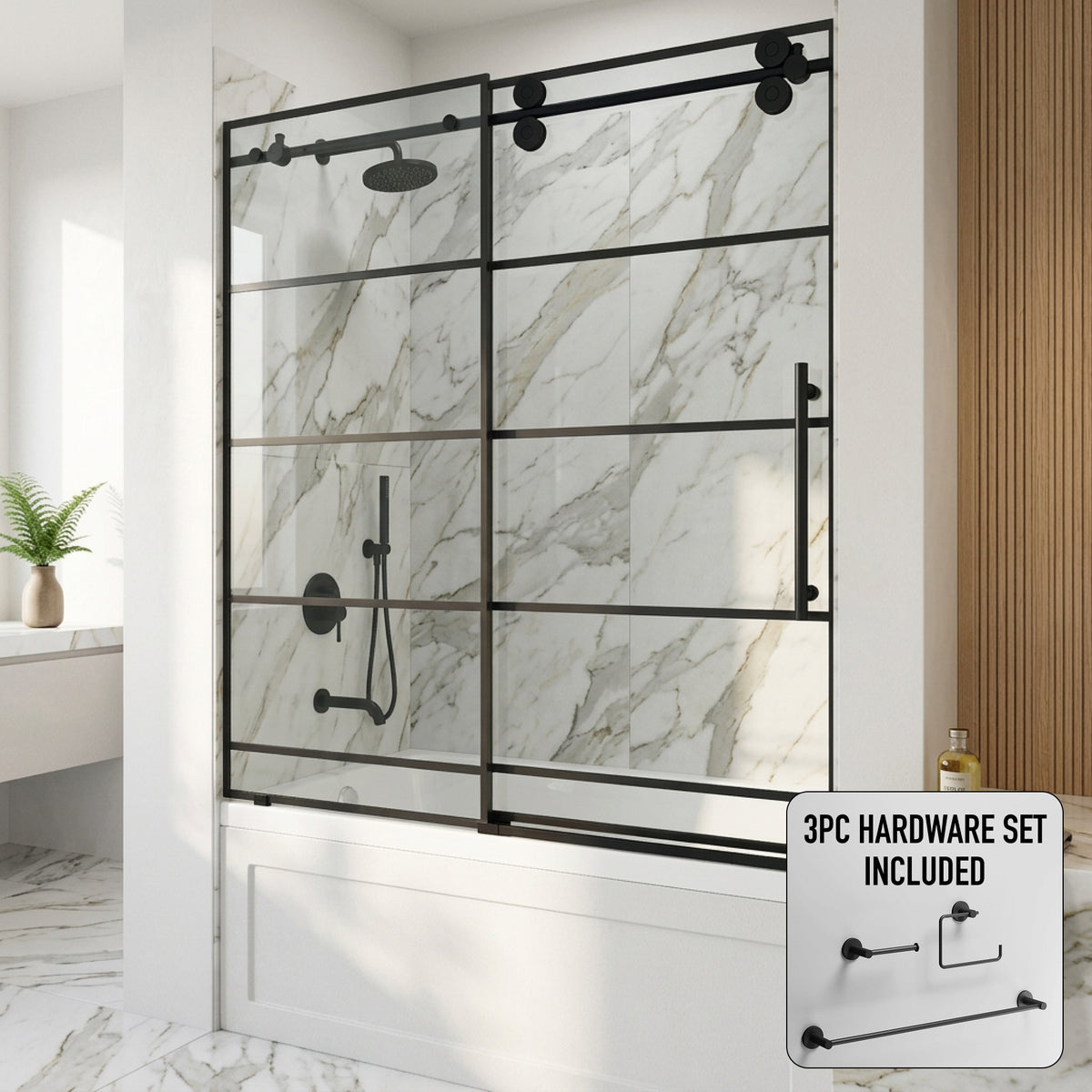 Elan 56-60 in. W x 66 in. H Frameless Sliding Tub Door in Matte Black with 3/8 in. (10mm) Clear Glass and Cass 3-Piece Bath Hardware Set