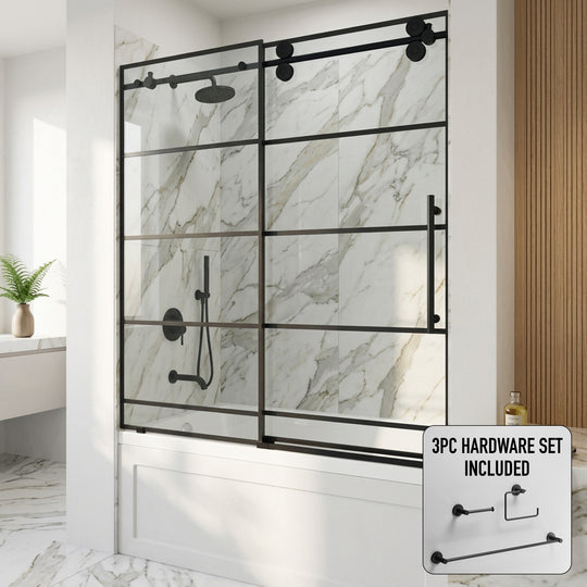 Elan 56-60 in. W x 66 in. H Frameless Sliding Tub Door in Matte Black with 3/8 in. (10mm) Clear Glass and Cass 3-Piece Bath Hardware Set