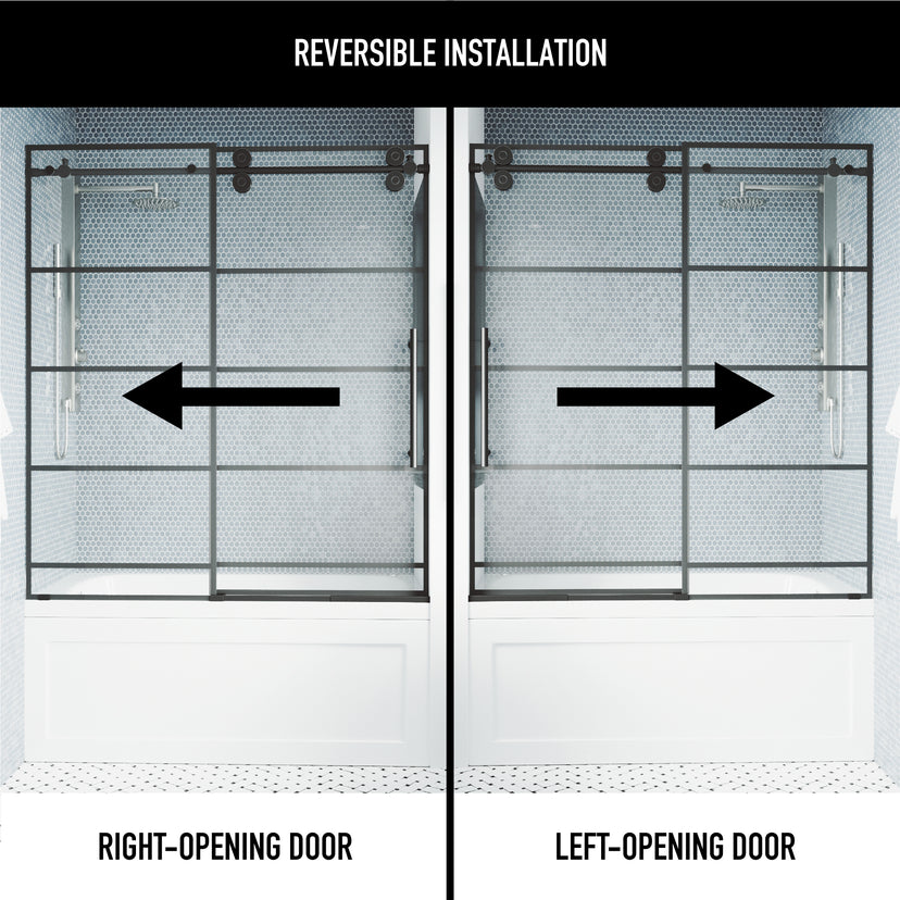 Elan 56-60 in. W x 66 in. H Frameless Sliding Tub Door in Matte Black with 3/8 in. (10mm) Clear Glass and Cass 3-Piece Bath Hardware Set