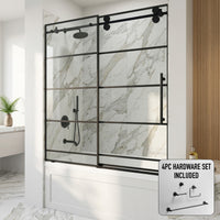 Elan 56-60 in. W x 66 in. H Frameless Sliding Tub Door in Matte Black with 3/8 in. (10mm) Clear Glass and Cass 4-Piece Bath Hardware Set