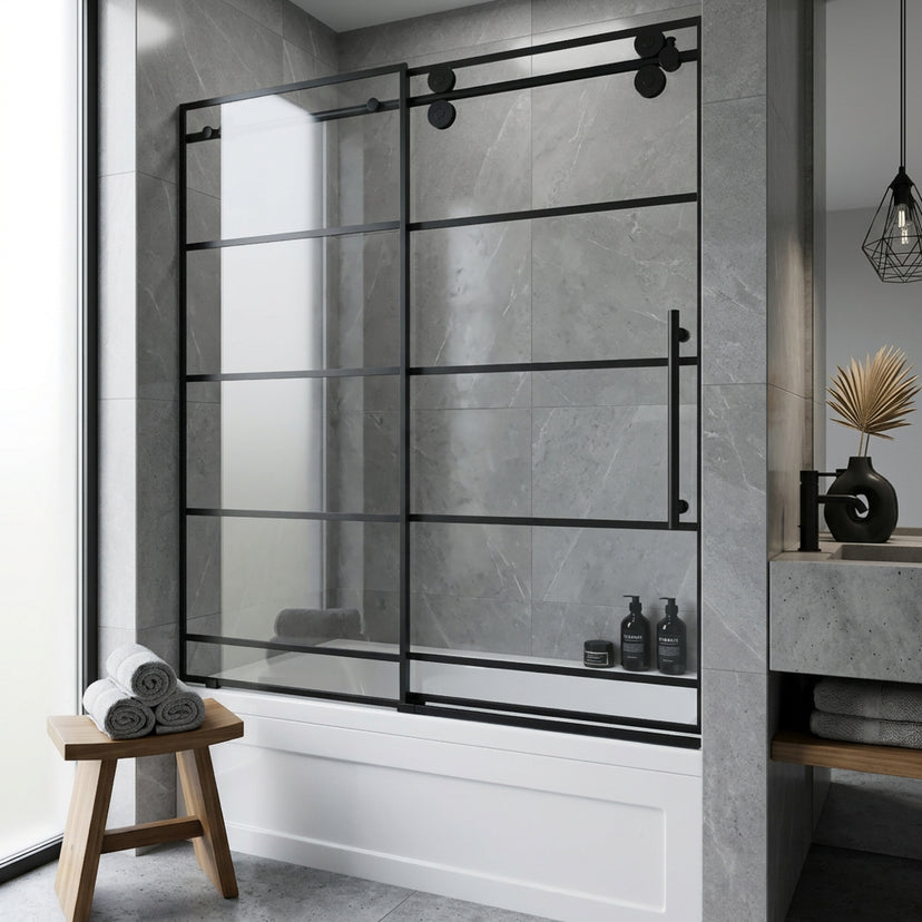 Elan 56-60 in. W x 66 in. H Frameless Sliding Tub Door in Matte Black with 3/8 in. (10mm) Clear Glass and Cass 4-Piece Bath Hardware Set