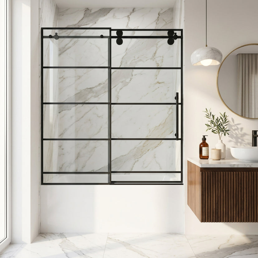 Elan 56-60 in. W x 66 in. H Frameless Sliding Tub Door in Matte Black with 3/8 in. (10mm) Clear Glass and Cass 4-Piece Bath Hardware Set