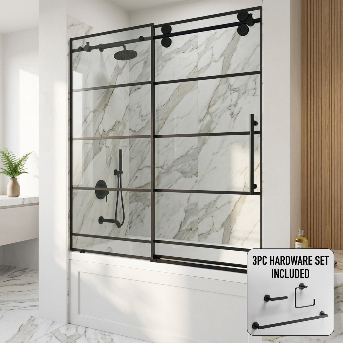 Elan 56-60 in. W x 66 in. H Frameless Sliding Tub Door in Matte Black with 3/8 in. (10mm) Clear Glass and Arden 3-Piece Bath Hardware Set